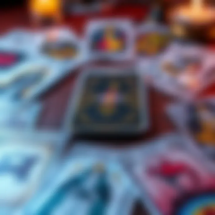A close-up view of tarot cards laid out in a spread, showing various symbols and imagery used in readings.