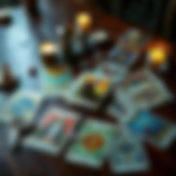 A set of colorful tarot cards spread out on a wooden table, showing various symbols and imagery, with a candle and crystals nearby