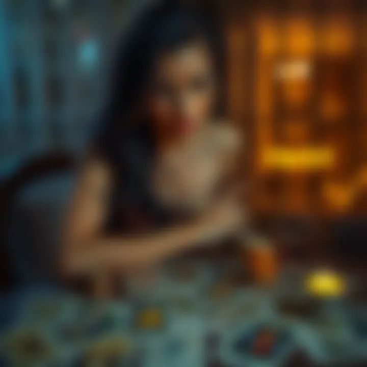 Tarot Cards and Heartbreak A woman sitting at a table with tarot cards spread out, looking contemplative and emotional after her husband left her while pregnant.