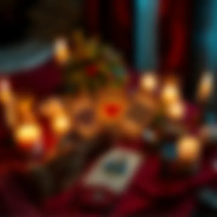 Tarot card reading A person holding tarot cards with love symbols, set up for a reading session, surrounded by candles and crystals