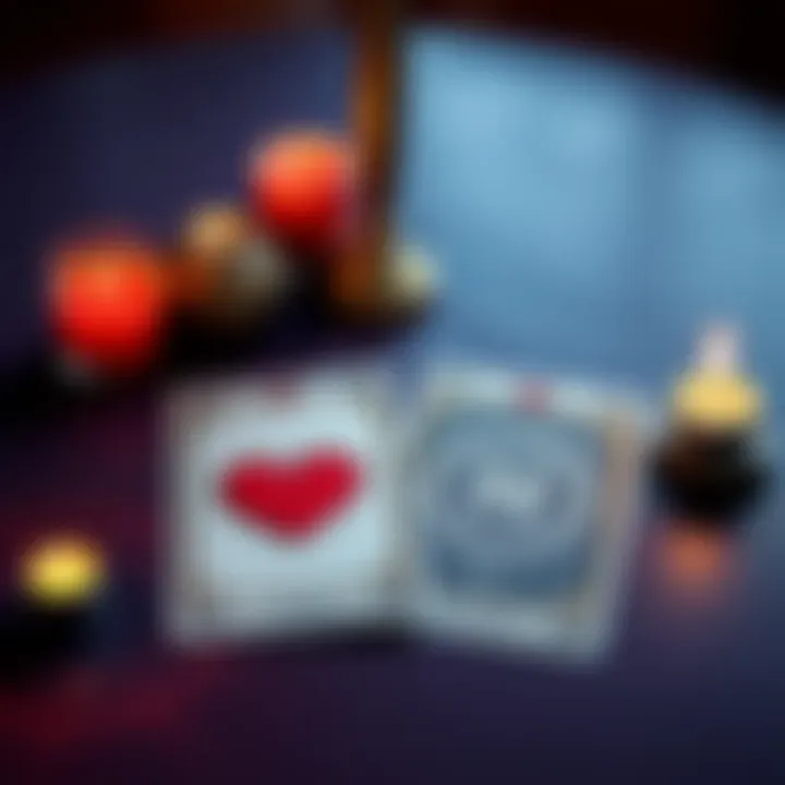 Tarot Cards for Love Readings Two tarot cards laid out on a table, one depicting a heart and the other symbolizing connection, set against a mystical background with candles.