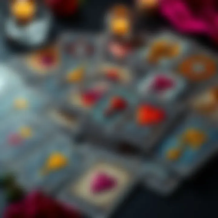 Tarot Cards for Love Readings A spread of Tarot cards arranged on a table, featuring symbols like hearts and cups, suggesting love and relationships.