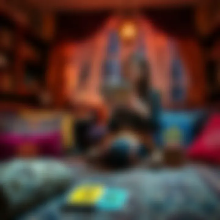 A tarot reader with a colorful deck invites others for reading swaps in a cozy setting
