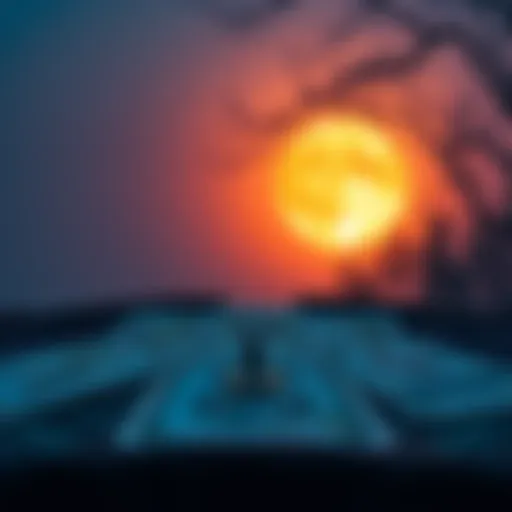A tarot card spread with a glowing full moon in the background, set in a serene outdoor setting.