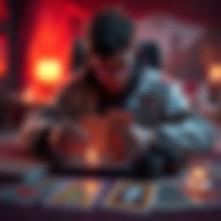 A gamer interpreting tarot cards spread on a table while playing a game