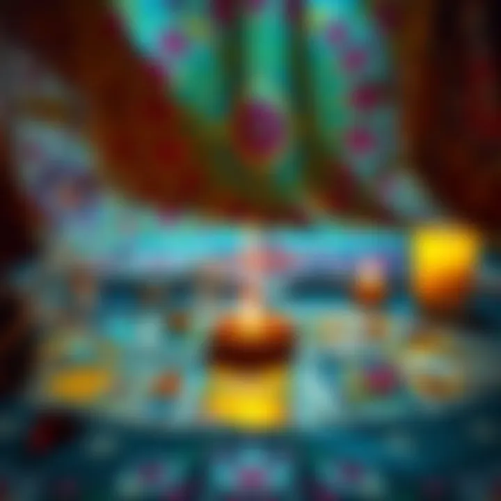 A serene and captivating tarot card spread with a glowing ambiance, featuring a candle, crystals, and a vibrant tapestry in the background, symbolizing insight and guidance.