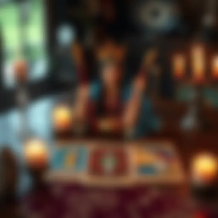 A tarot card spread featuring the Queen of Wands, 9 of Swords, and 2 of Cups, set on a table with candles and crystals