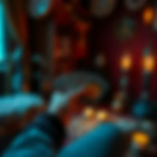 A person holding tarot cards in a cozy setting, inviting others for a reading session.