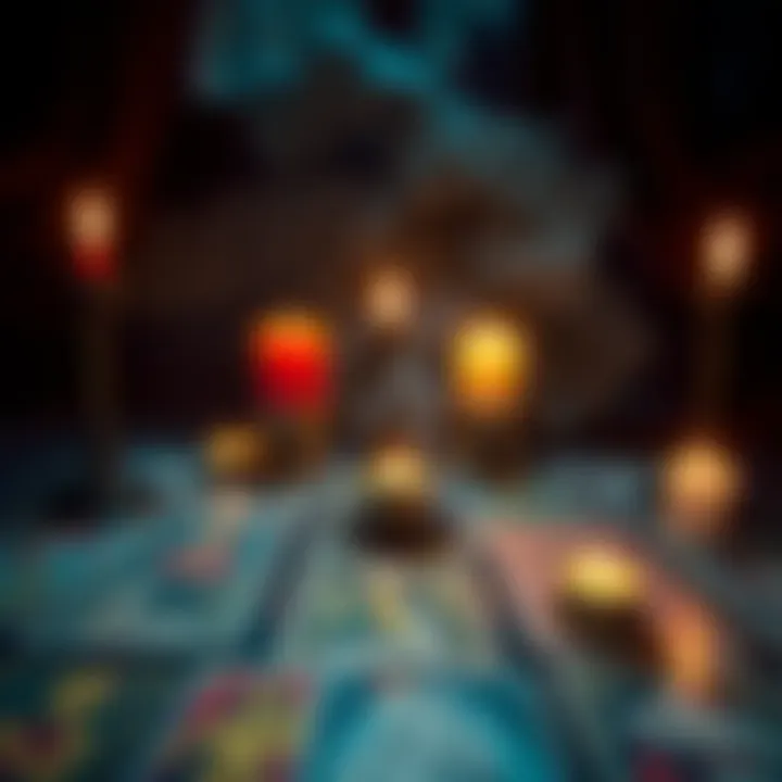 A captivating tarot card spread with glowing candles and mystical ambiance
