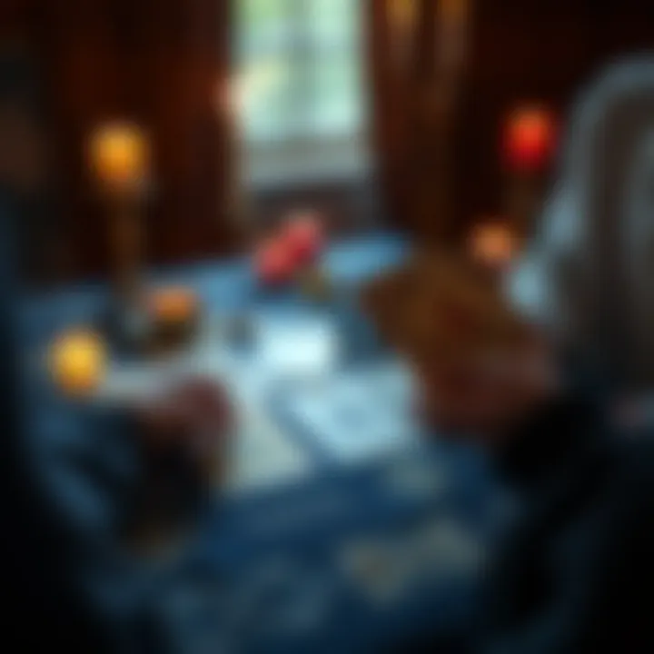 A person holding tarot cards with a table and candles in the background, ready for a reading.