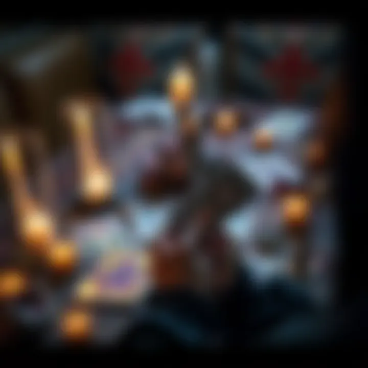 A person holds tarot cards over a table with candles and crystals while contemplating emotions in a relationship