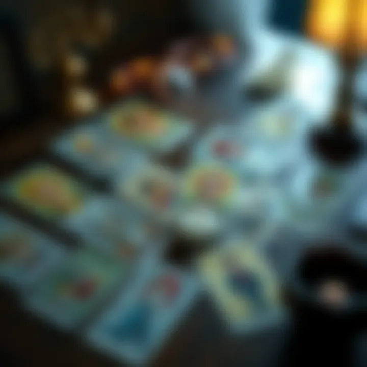 A table with several tarot cards spread out, showing different illustrations that represent emotions and relationships, with soft lighting around them.