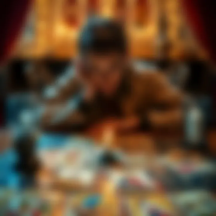 A person looking at tarot cards spread on a table, reflecting on emotions related to relationships.