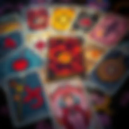 A collection of tarot cards with astrological symbols, showing a vibrant and mystical theme. The cards depict various images relevant to tarot readings and Mars astrology.