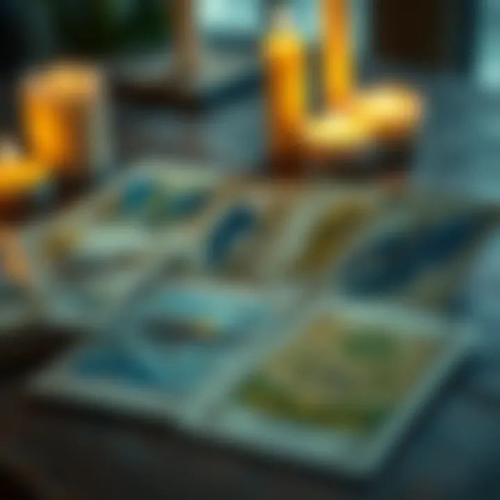 A close-up of tarot cards featuring archangels and their symbols, arranged on a wooden table with candles lit around them.