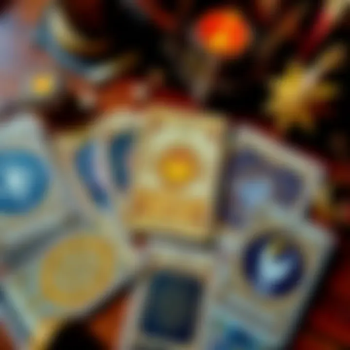 A collection of tarot cards and astrology symbols including sun, moon, and stars on a wooden table