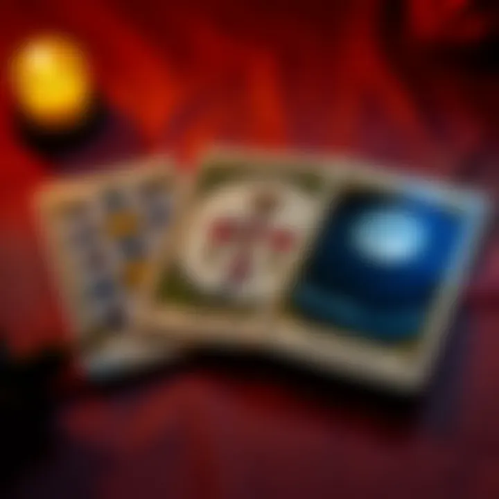 A set of tarot cards, featuring the eight of pentacles, five of cups, and the moon, placed on a table with soft lighting, symbolizing insights into breakups and new beginnings.