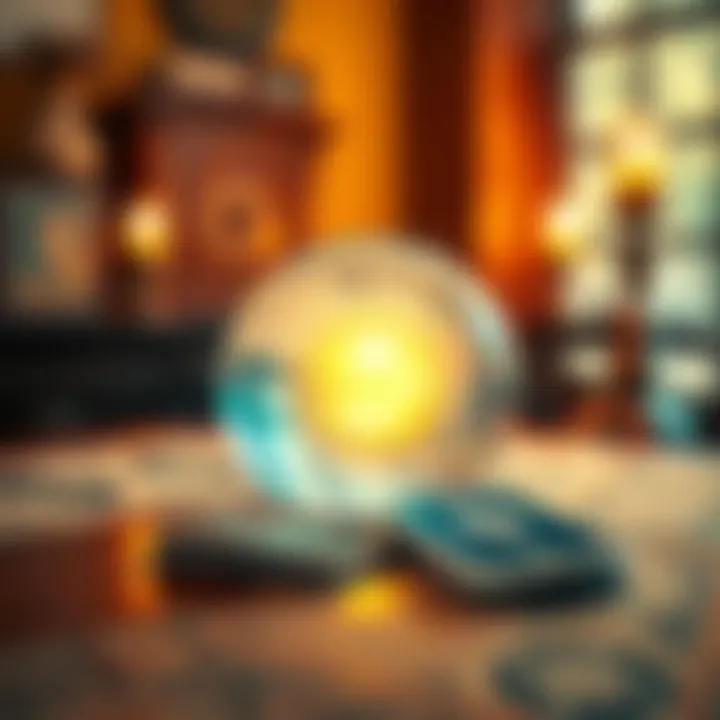 A single Tarot card placed on a table next to a glowing crystal ball, representing a simple reading method.