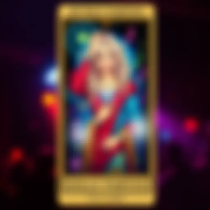 A tarot card featuring a colorful illustration of a woman symbolizing guidance with a background of musical notes, celebrating Dolly Parton.