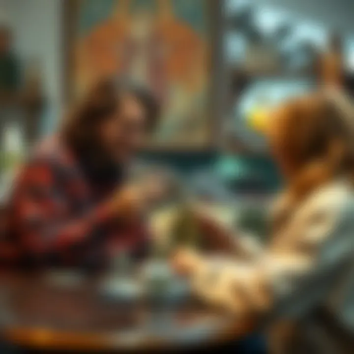 Tarot Card Exchange Two people exchanging tarot cards in a friendly setting