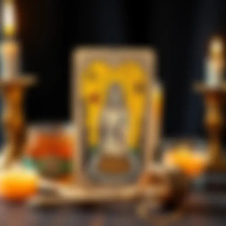 A tarot card featuring the Fate card next to a honey jar and candles, symbolizing a spell preparation.