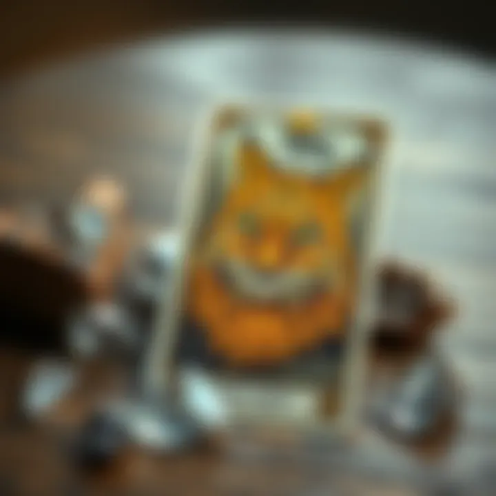 A close-up of a unique tarot card featuring a lynx, representing love's complexities. The card is placed on a wooden table with crystals nearby.