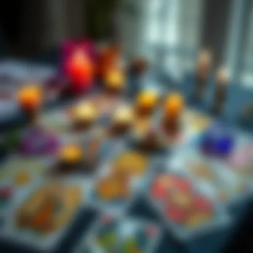 Colorful tarot cards spread on a table with candles and crystals, inviting people to share services.