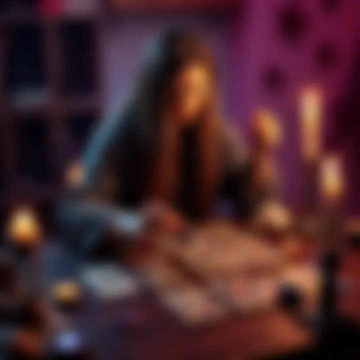 A person with long hair pulling tarot cards from a deck on a table, with candles and crystals nearby.