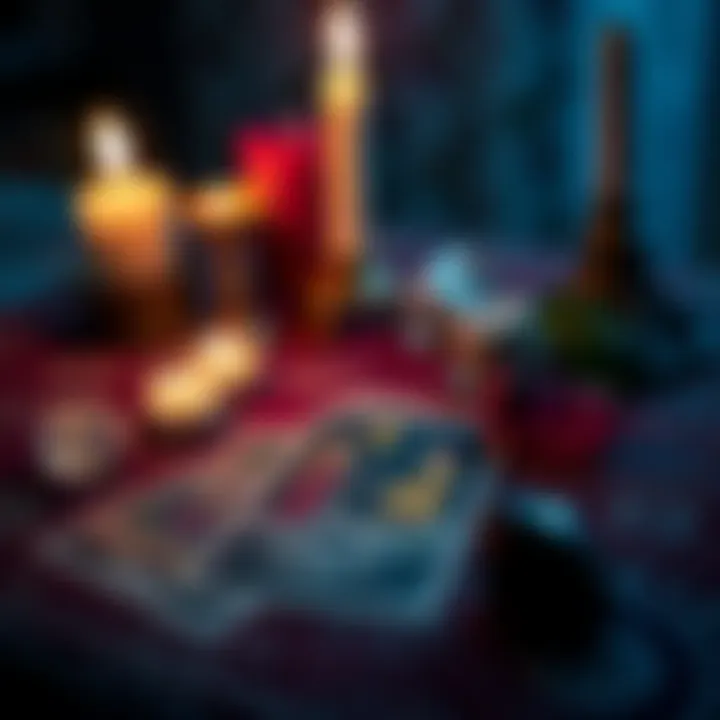 A tarot card laid on a table with candles and crystals, evoking a sense of contemplation about a relationship.