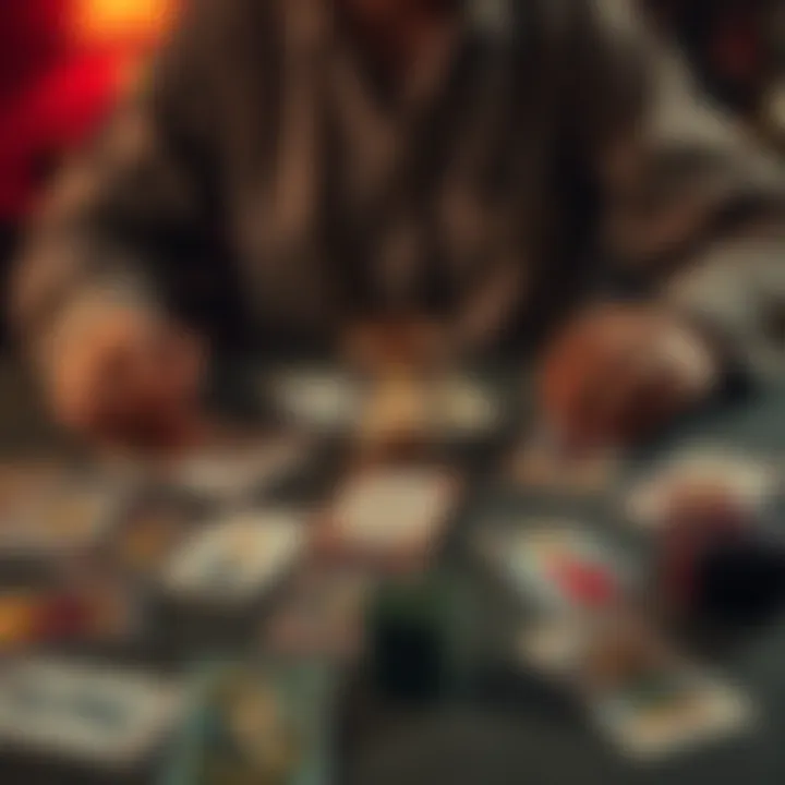 A person performing a tarot card reading with various tarot cards spread out on a table.