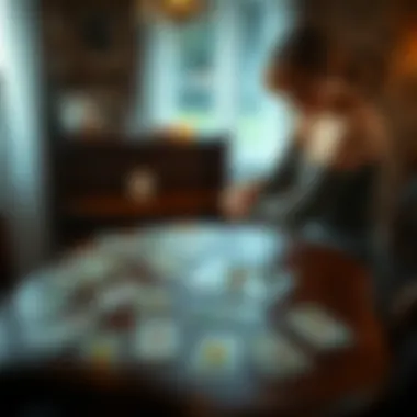 A woman sitting at a table with tarot cards spread out, looking thoughtfully at the cards, symbolizing insights into love and relationships.