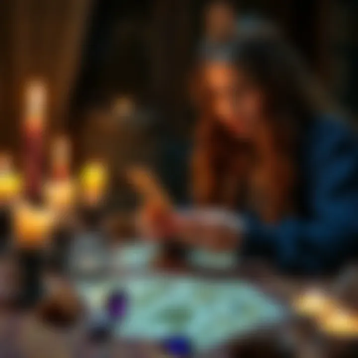 A shamaness conducting a Tarot reading with candles and crystals around her