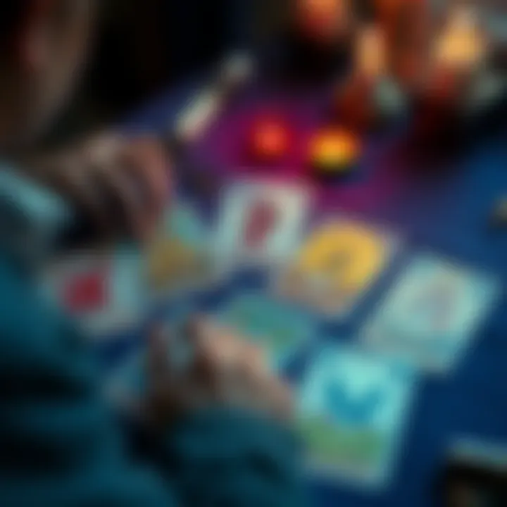 A person looks at tarot cards spread on a table, showing the Devil, Hermit, Seven of Wands, and Six of Pentacles cards, reflecting their thoughts on personal fears and trauma.
