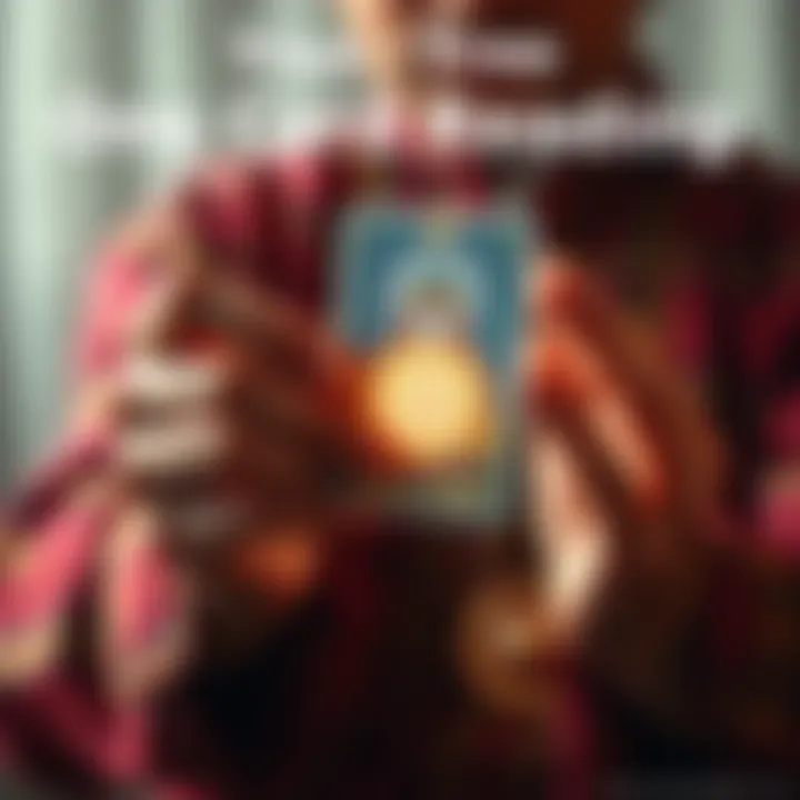 Tarot Card Reading A person holding a tarot card with a glowing effect, symbolizing intuition and insights.