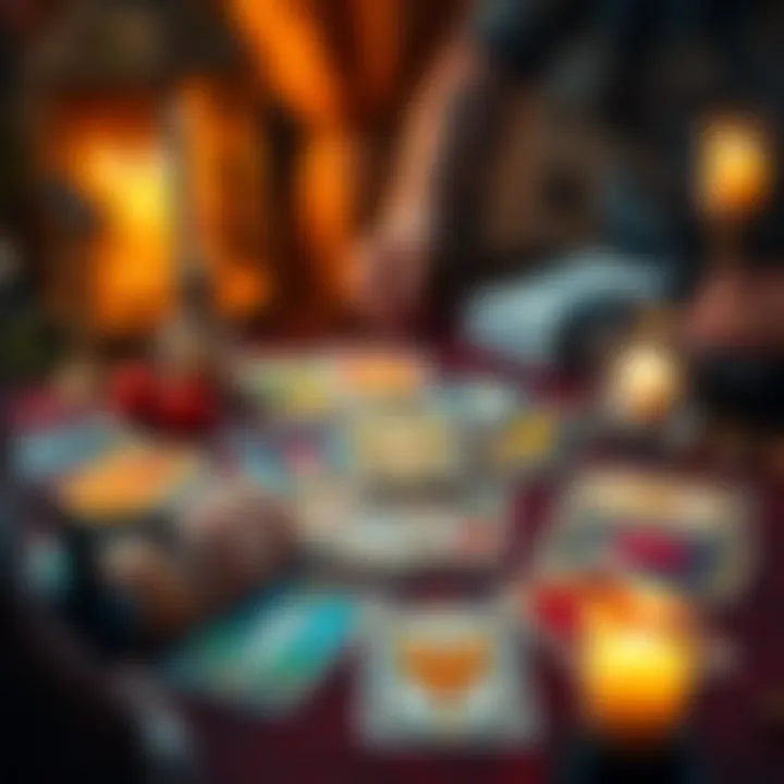 A psychic conducting a tarot card reading with colorful cards spread out on a table, featuring symbols of love, career, and finance.