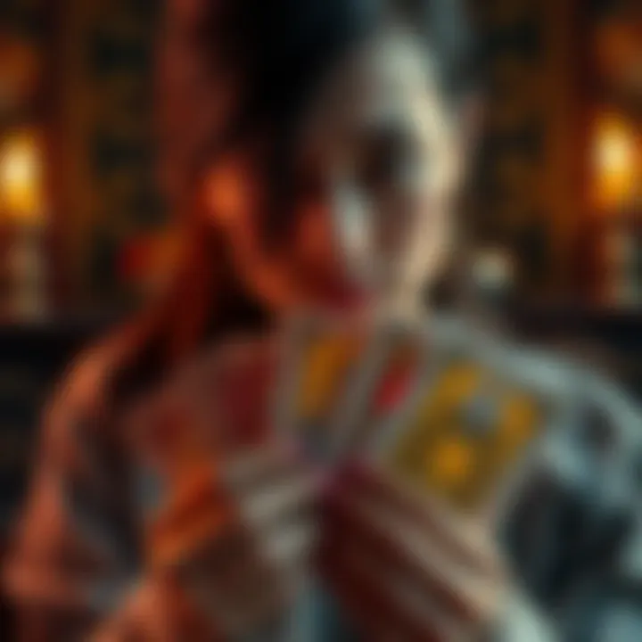 A person holding tarot cards with an introspective look, reflecting on feelings and thoughts.