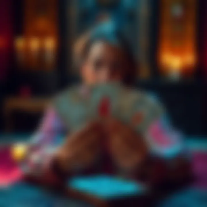 A person holding tarot cards, with a calm and inviting atmosphere, ready to provide a tarot reading for clarity and insight.