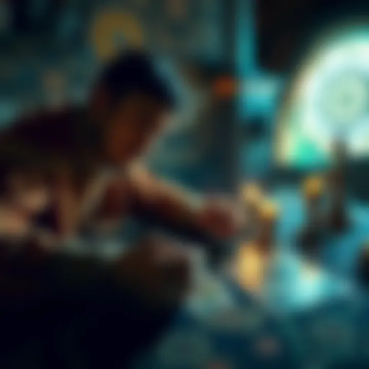 A person laying tarot cards on a table, focusing on the cards while deep in thought, with a warm light in the background.