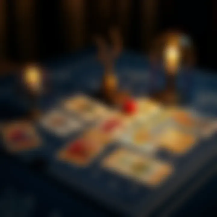 A table with ten tarot cards laid out, symbolizing a reading session for personal insights and growth.