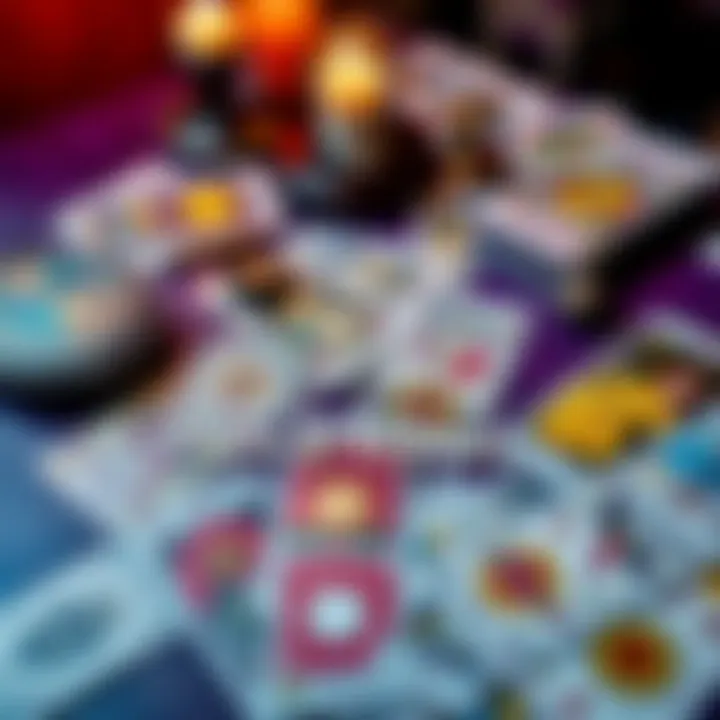 A table with tarot cards spread out, showing various colorful designs and symbols for a reading