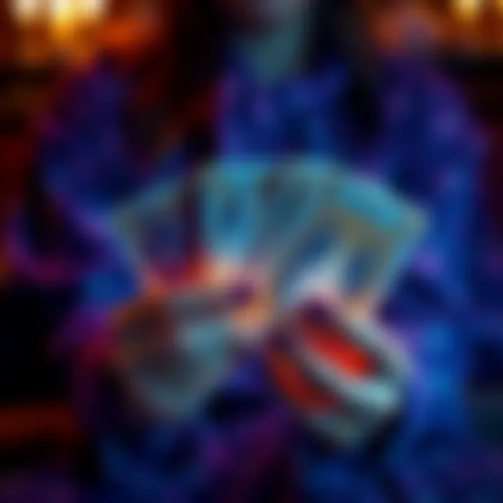 Tarot Card Reading A person holding Tarot cards with a mystical ambiance, inviting others to join in for a free reading.