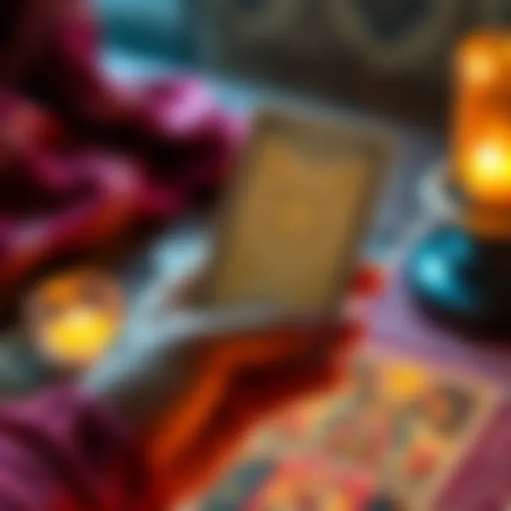 A person holding a tarot card with mystical symbols, inviting others to comment for insights.