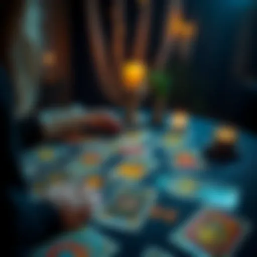 A person doing a tarot card reading with colorful cards spread on a table, inviting participants to seek clarity.