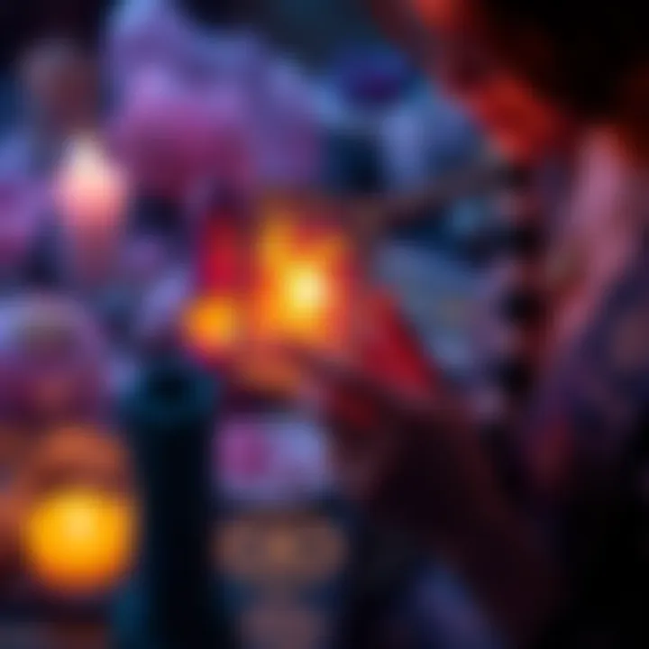 A person holding a tarot card with a glowing light, surrounded by crystals and candles, symbolizing intuitive guidance and clarity.