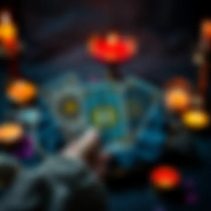 Tarot Card Reading A person holding three tarot cards with mystical symbols on a table, set up for a tarot reading, surrounded by candles and crystals.