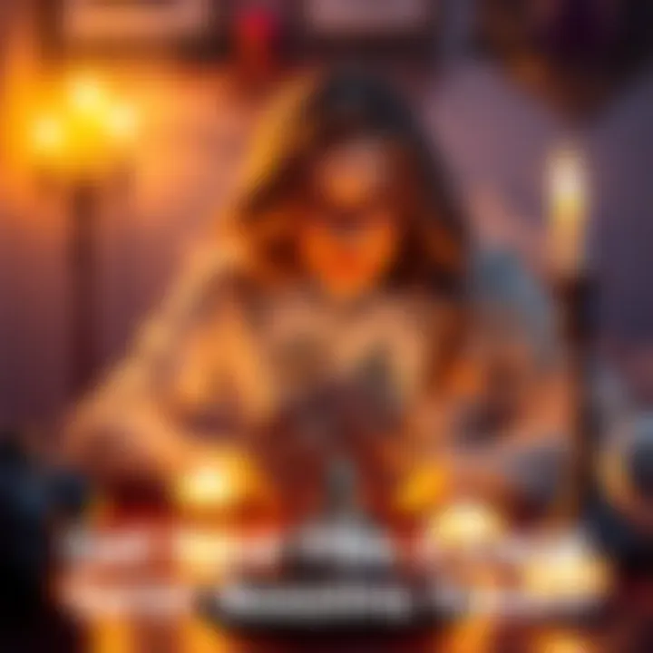 A person holding two Tarot cards while sitting at a table with candles and crystals