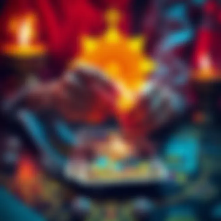 A person pulling a tarot card from a deck, with bright colors and mystical symbols around them.