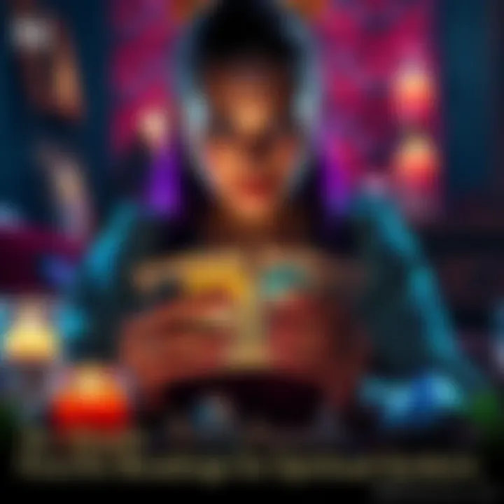 A person holding tarot cards with a focused expression, surrounded by candles and crystals, representing a spiritual reading session.