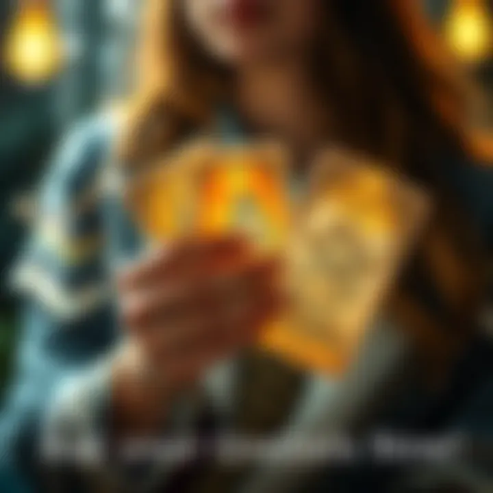 A person holding tarot cards with a mystical aura around them, inviting others to ask questions for a reading.