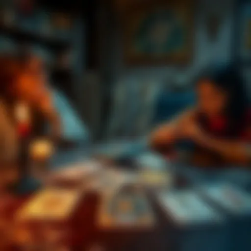 A table set with tarot cards, including the Sun and Four of Swords, with a parent looking intrigued.